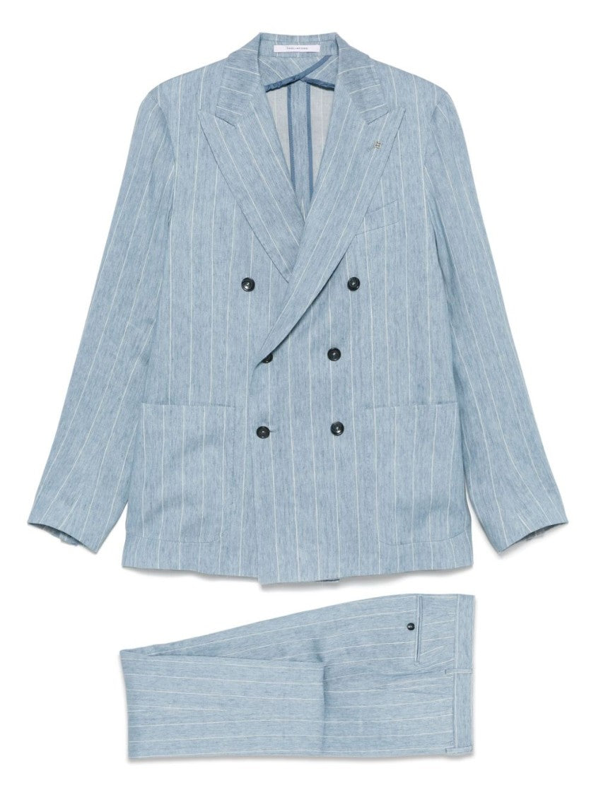 Tagliatore Pastel Blue Pinstriped Suit With Double-Breasted Design