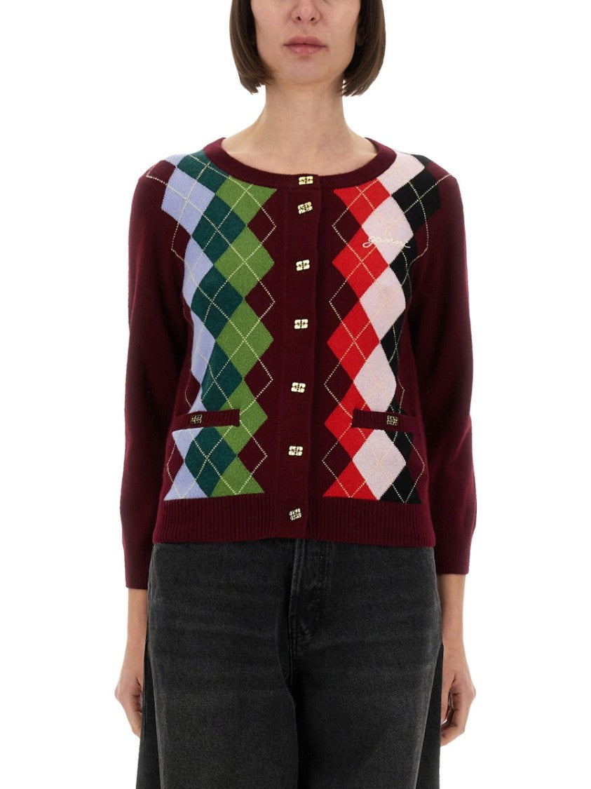 Ganni Burgundy Argyle Cardigan With Three-Quarter Sleeves