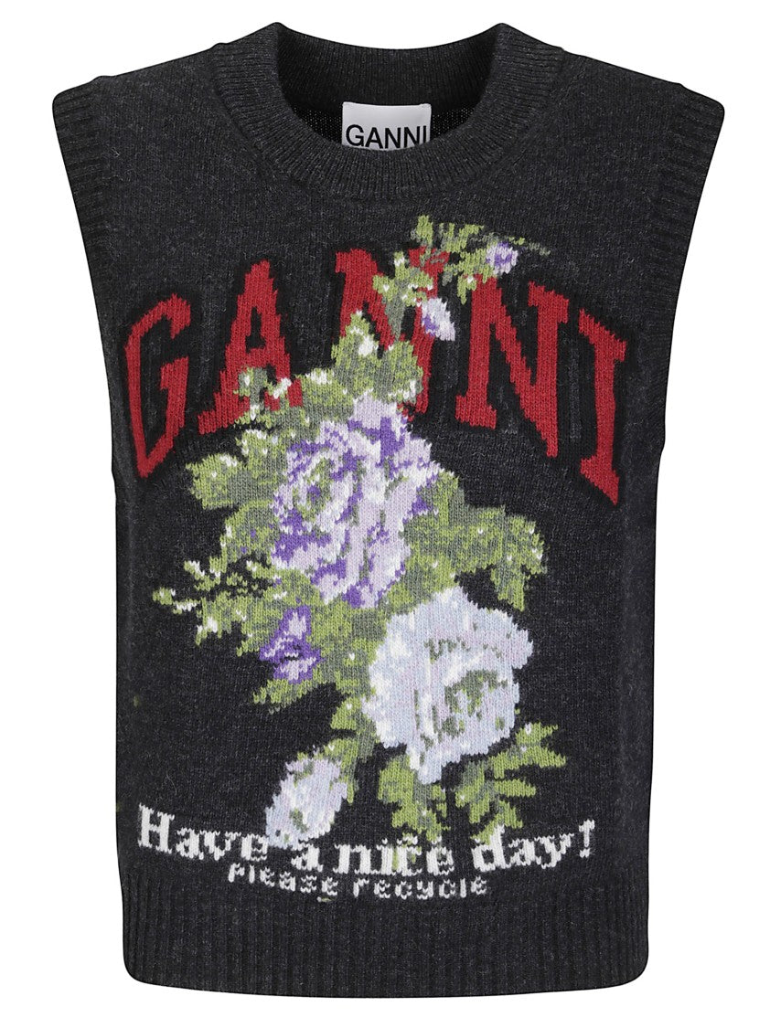 Ganni Graphic Floral Pattern Wool Blend Vest