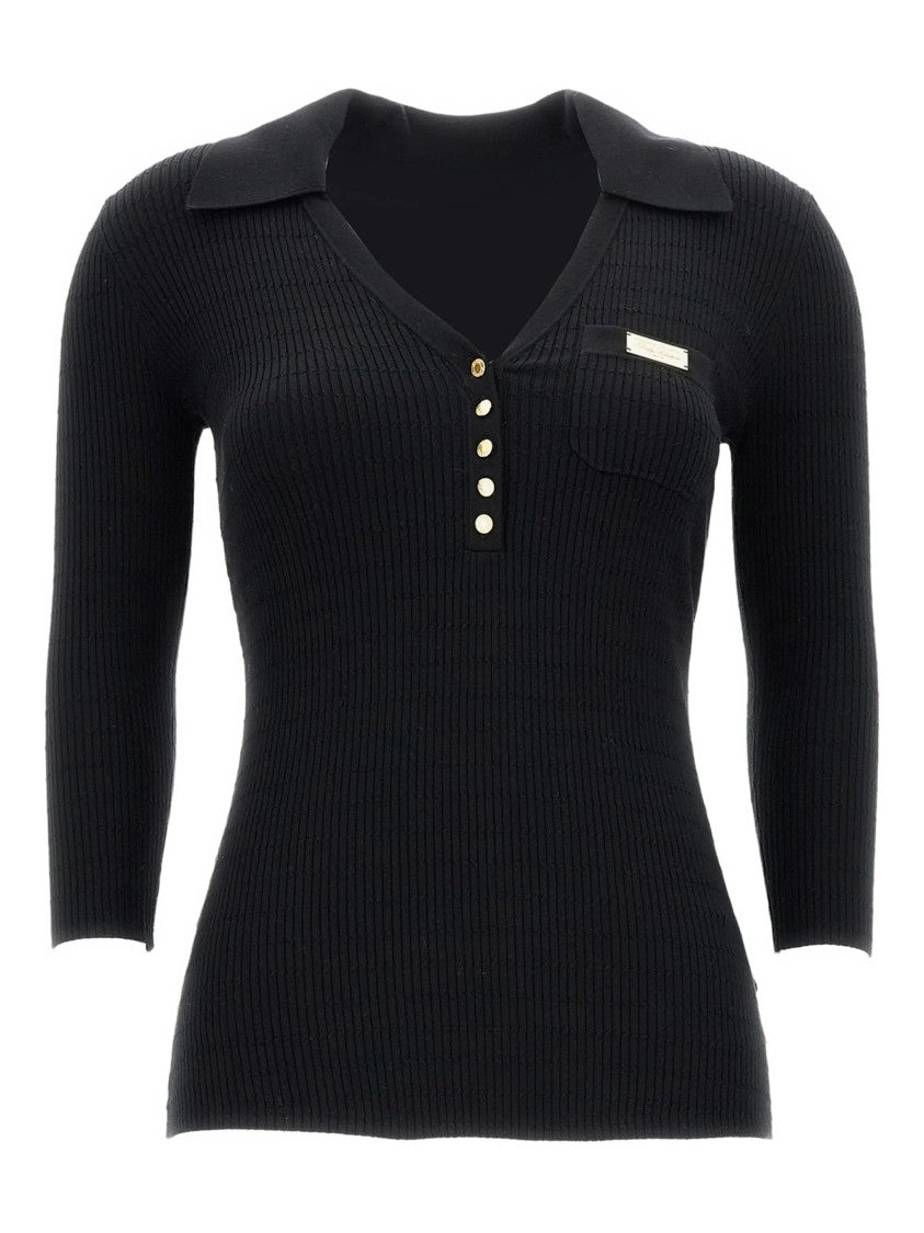 Elisabetta Franchi Fitted Black Ribbed V-Neck Top