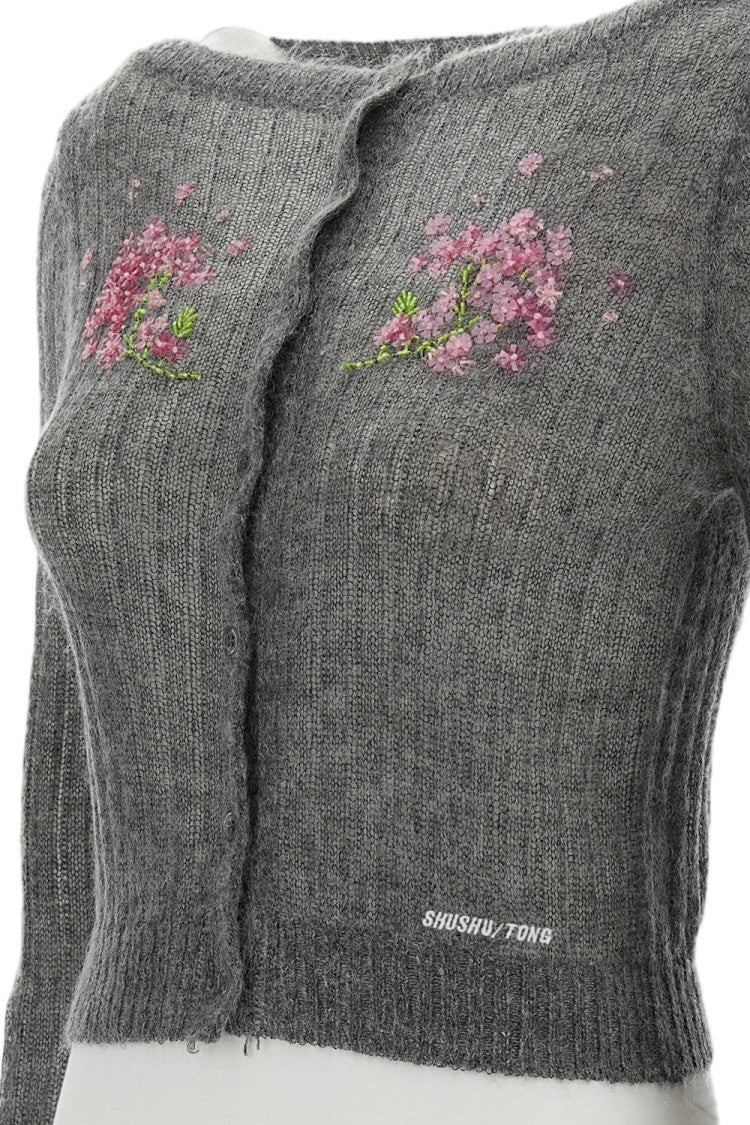 Shushu/Tong Grey Beaded Floral Wool-Blend Cardigan