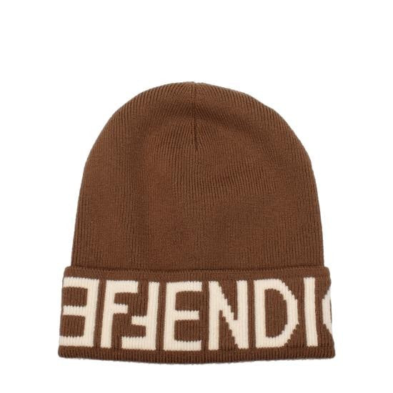 Fendi Knitted Brown Beanie Hat With Bold Contrasting Lettering