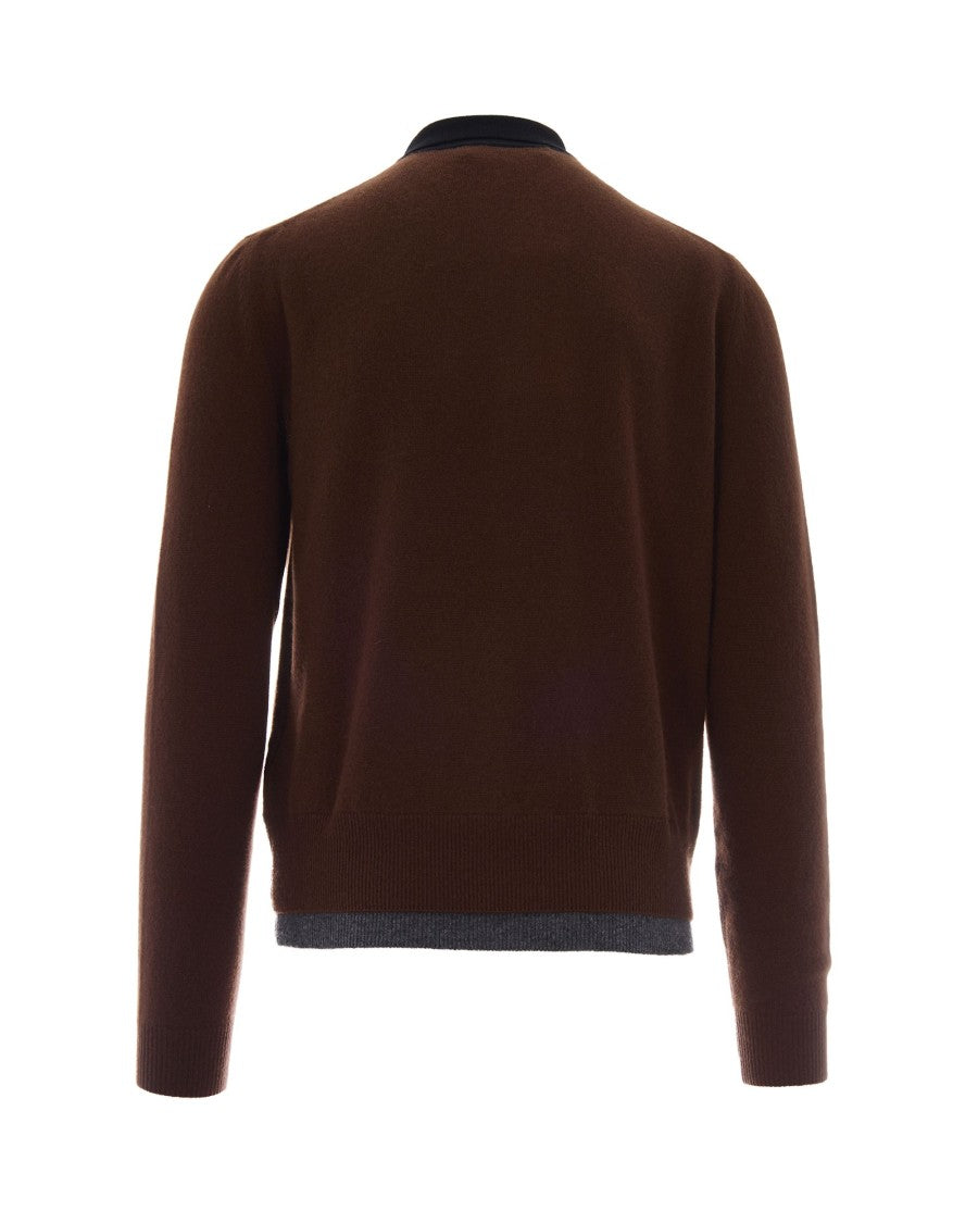 Marni Brown Long-Sleeve Cashmere Polo Sweater With Double-Layer Hem