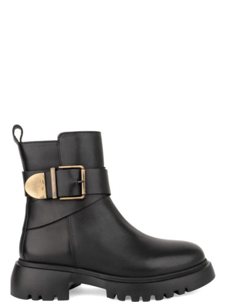 Sergio Moretti Black Bold Metallic Buckle Leather Ankle Boots