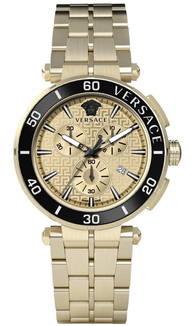 Versace Greca Chrono 45 Mm Gold-Tone Swiss Made Chronograph Watch