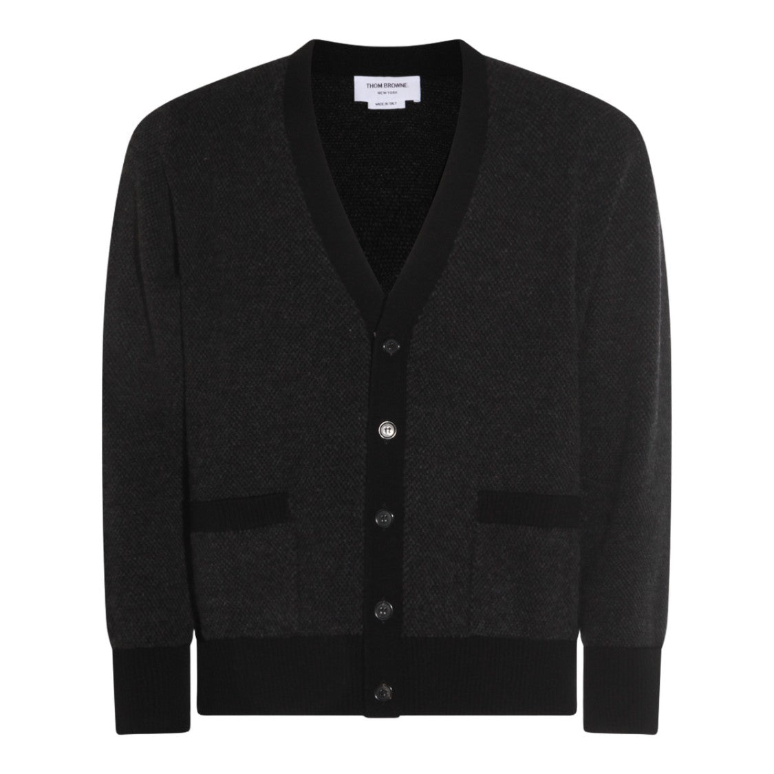 Thom Browne Cardigan-Style Dark Grey Sweater With Striped Accents