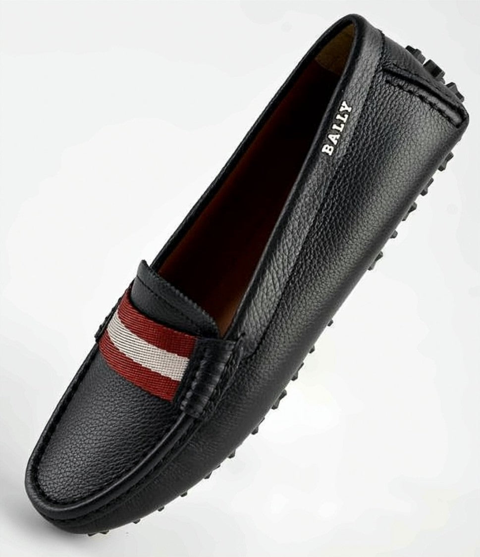 Bally Textured Black Leather Loafers With Striped Fabric Band