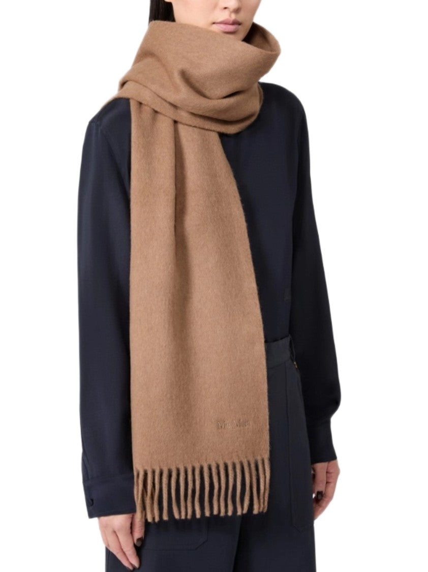 Max Mara Long Camel Scarf With Fringed Ends And Discreet Logo