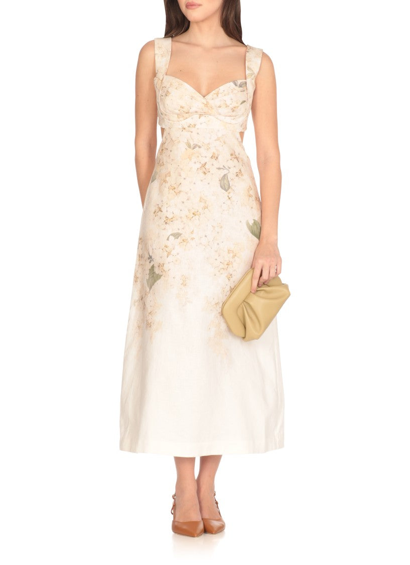 Zimmermann Ivory Linen Maxi Dress With Tropical Pattern