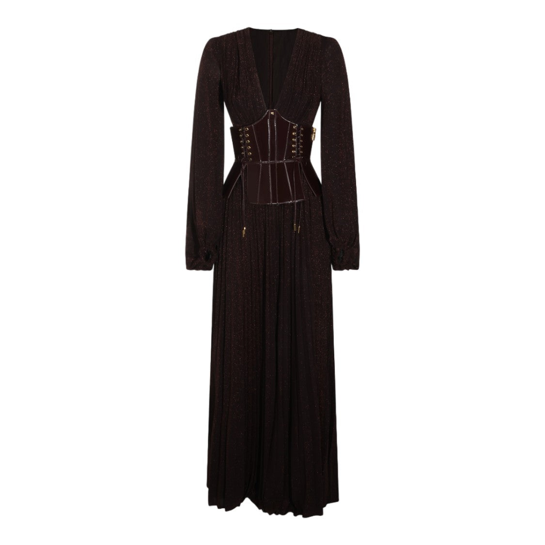 Elisabetta Franchi Deep V-Neck Corset-Style Belt Maxi Dress