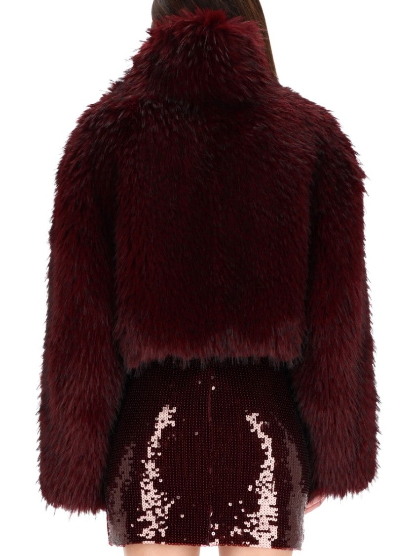 Rotate Birger Christensen Cropped Faux Fur Coat In Rich Bordeaux Hue