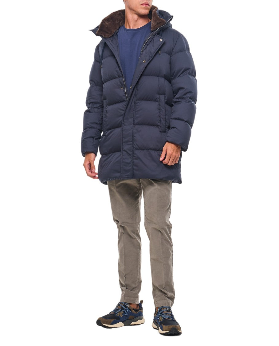 Herno Blue Hooded Long Faux-Fur Collar Down Jacket