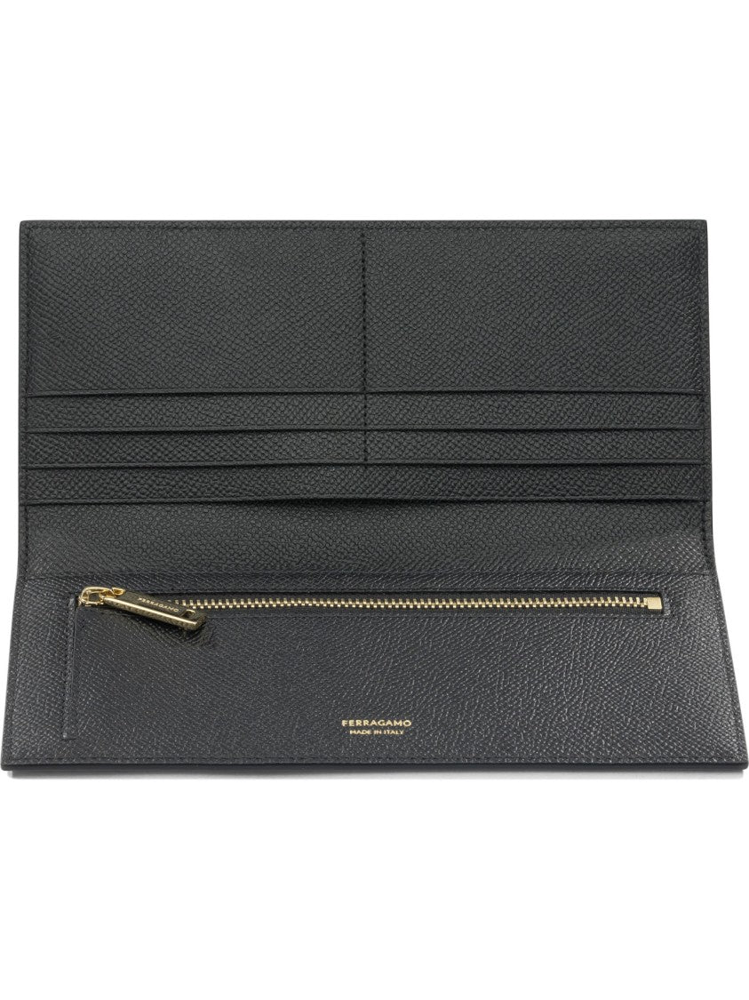 Ferragamo Textured Leather Wallet With Zippered Compartment And Gold Accents
