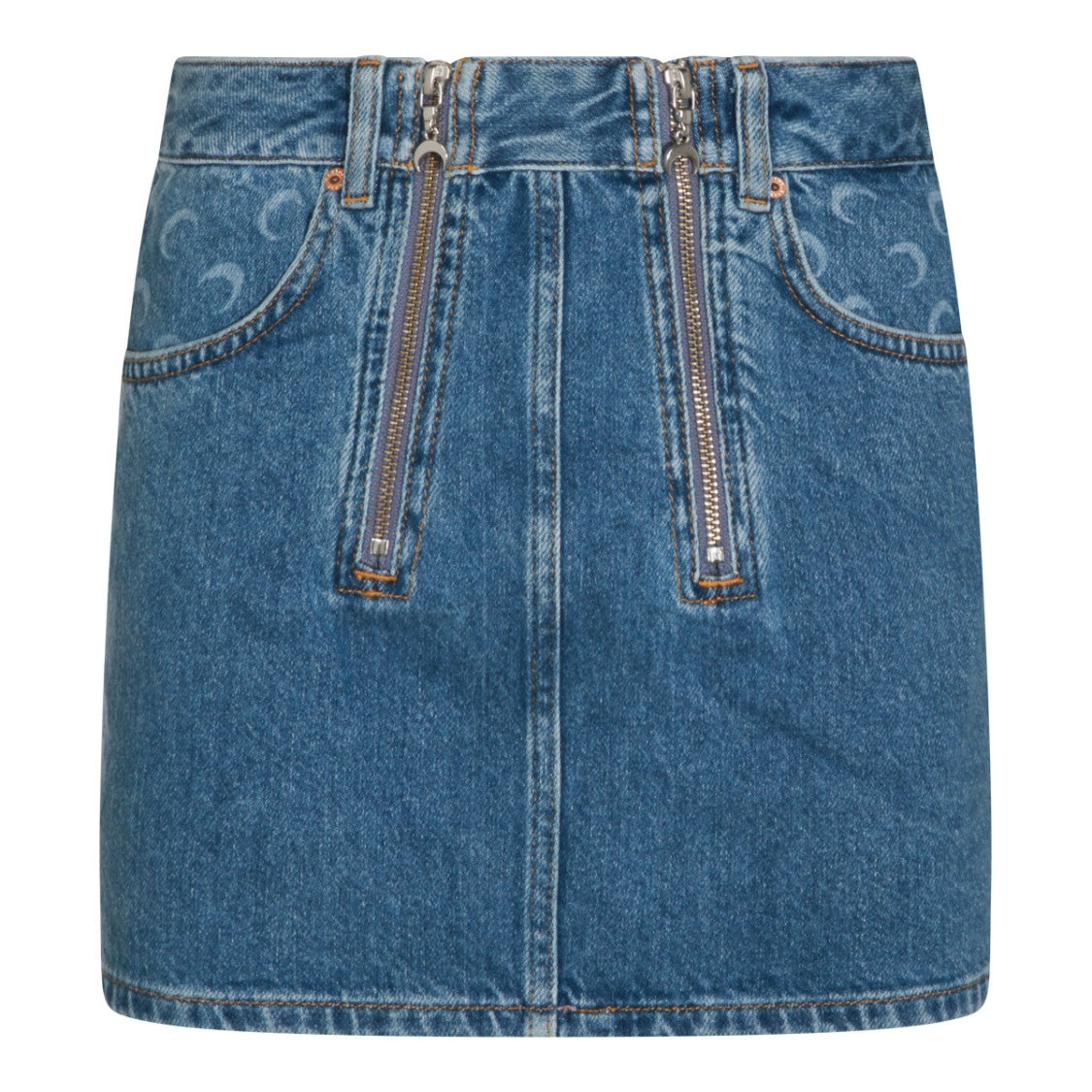 Marine Serre Denim Mini Skirt With Crescent Moon Patterns And Zip Closure