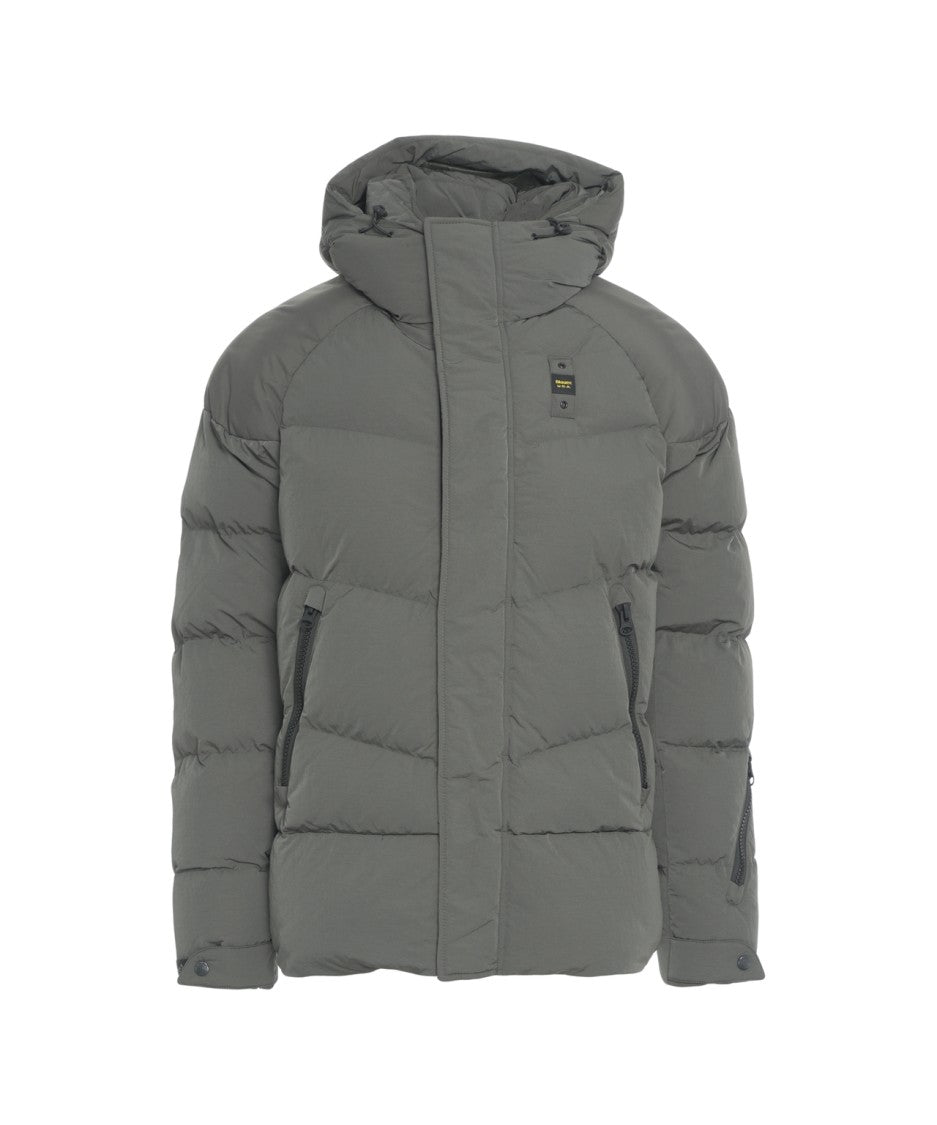 Blauer Padded Grey Quilted Down Jacket With Fixed Hood And Zippered Pockets