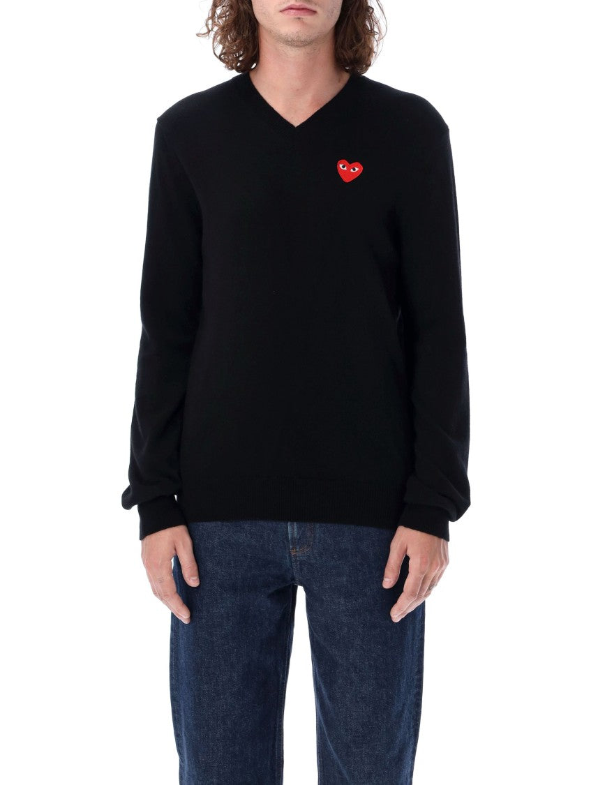 Comme Des Garçons Icon Heart Black V Neck Sweater
