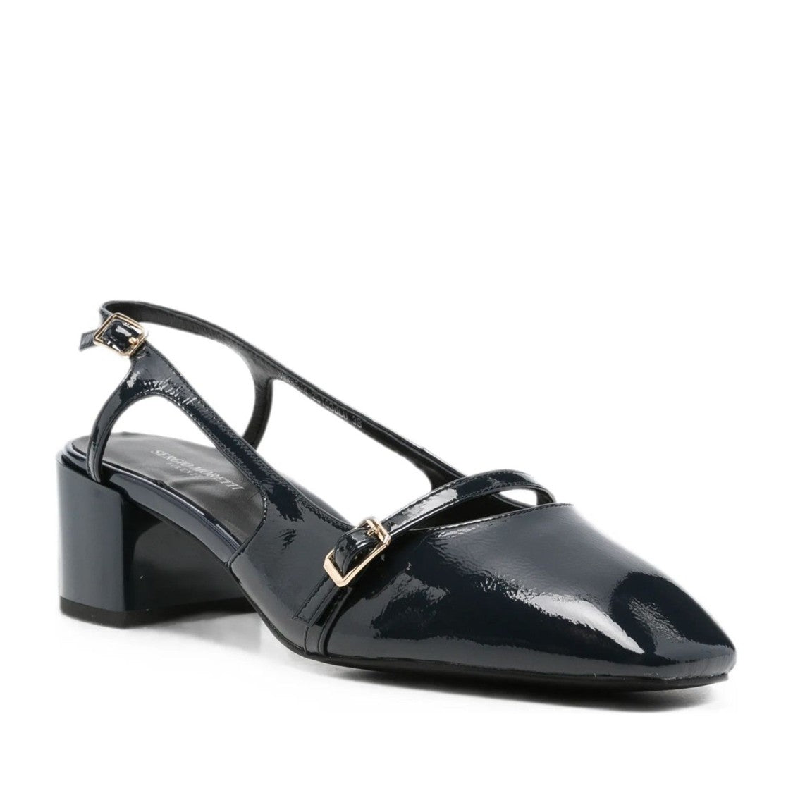 Sergio Moretti Blue Mid Block Heel Part-Open Patent Leather Dress Flats