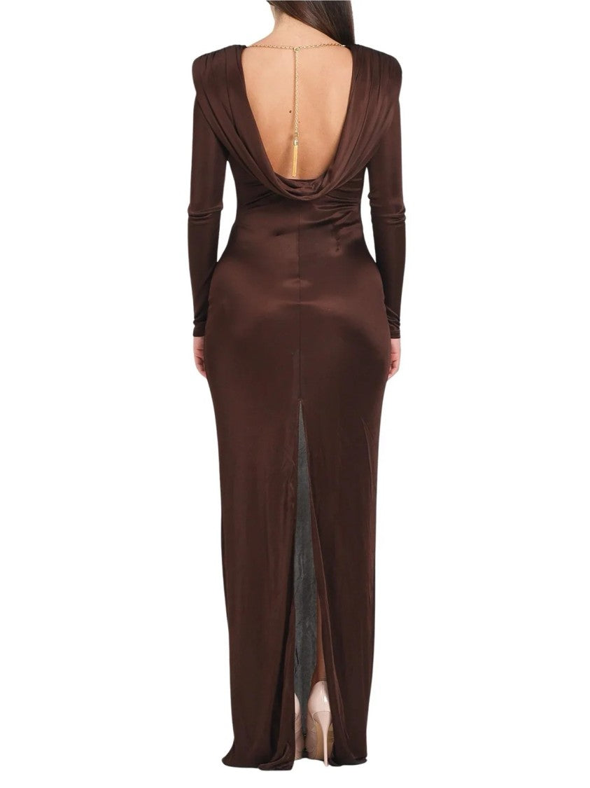 Red Carpet E. Franchi Fluid Brown Long Dress With Draped Back Detail