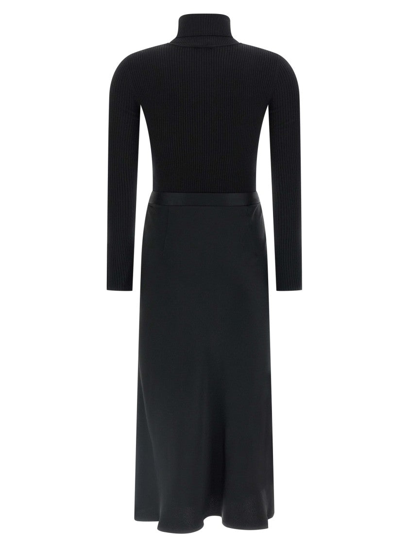 Elisabetta Franchi Ribbed Turtleneck Midi Dress With Flared Satin Skirt