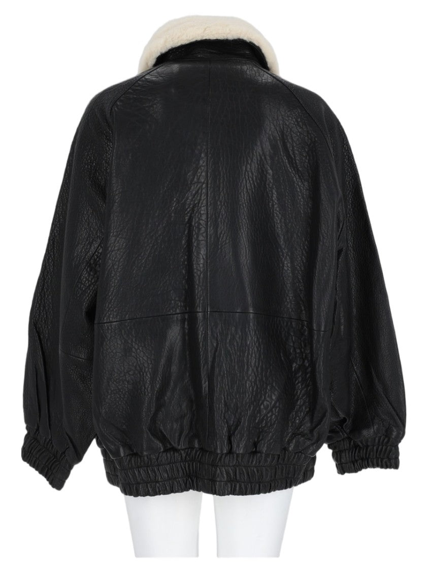 Stand Studio Black Shearling Collar Lambskin Leather Jacket