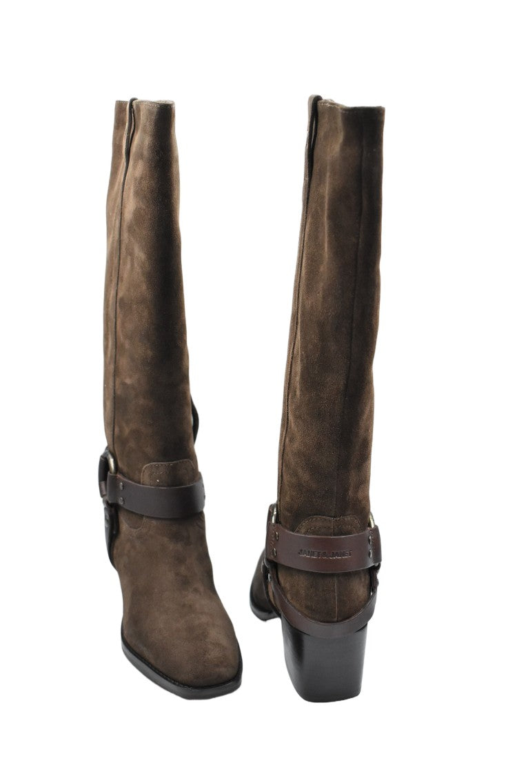 Janet & Janet Mid-Calf Suede Boots With Decorative Strap