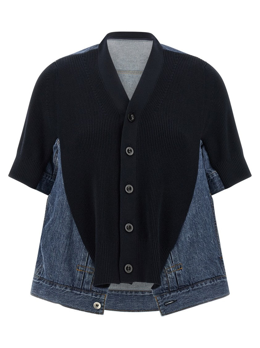 Sacai Flared Cotton Denim Cardigan With Knitted Front Insert
