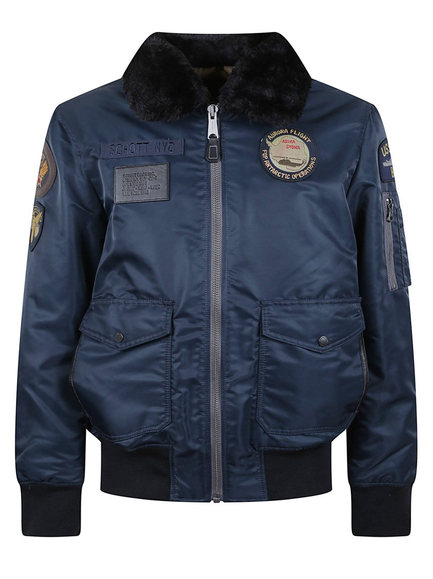 Schott Navy Padded Jacket With Removable Faux Fur Collar And Iconic Patches