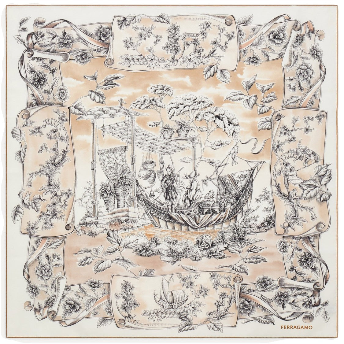 Salvatore Ferragamo Beige Voyage Print Silk Scarf