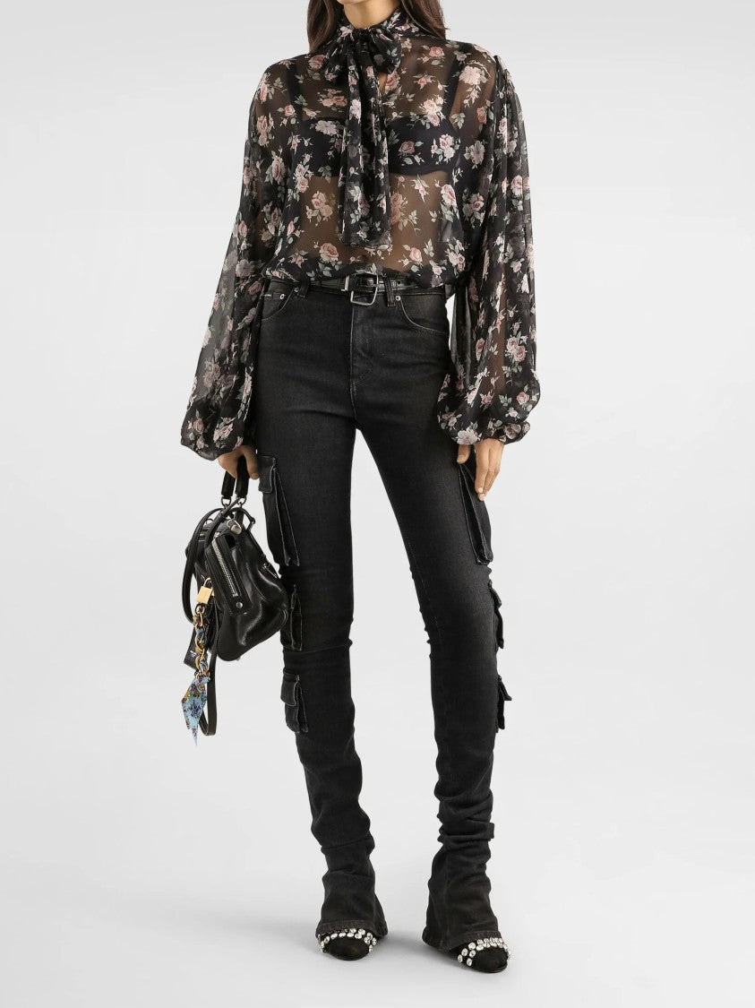 Dolce & Gabbana Black Sheer Floral Print Silk Blouse