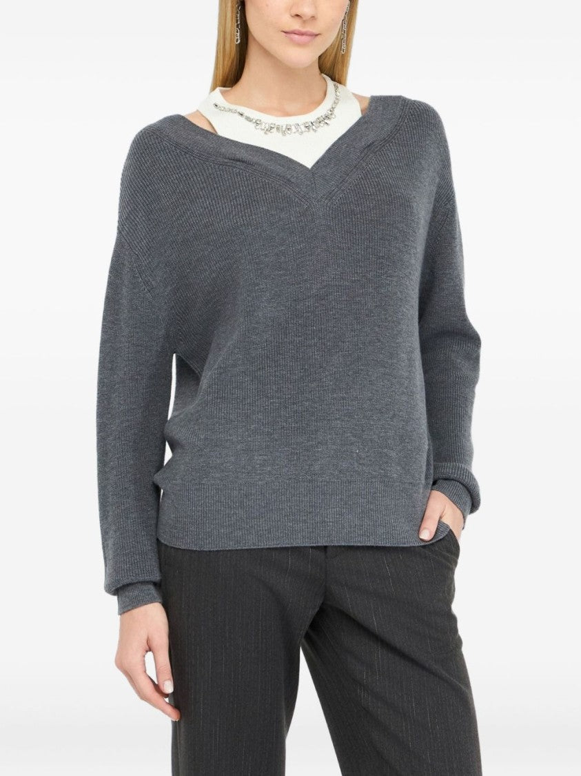 Liu Jo Deep V-Neck Gray Knit Sweater