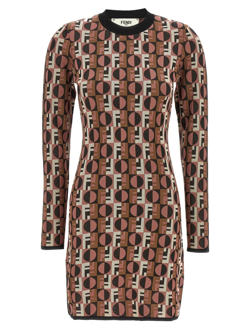 Fendi Shiny Jacquard Viscose Mini Dress With Geometric Pattern