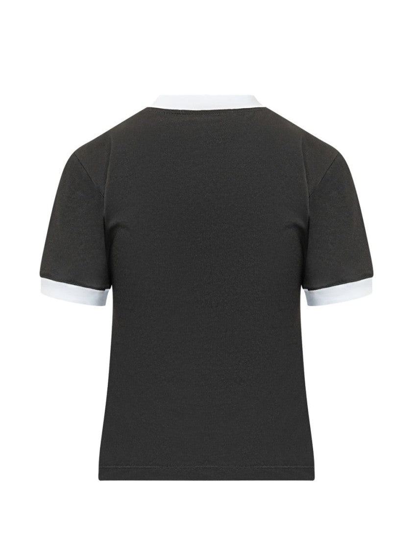 Msgm Cropped Black T-Shirt With Contrasting Ringer Collar And Cuffs