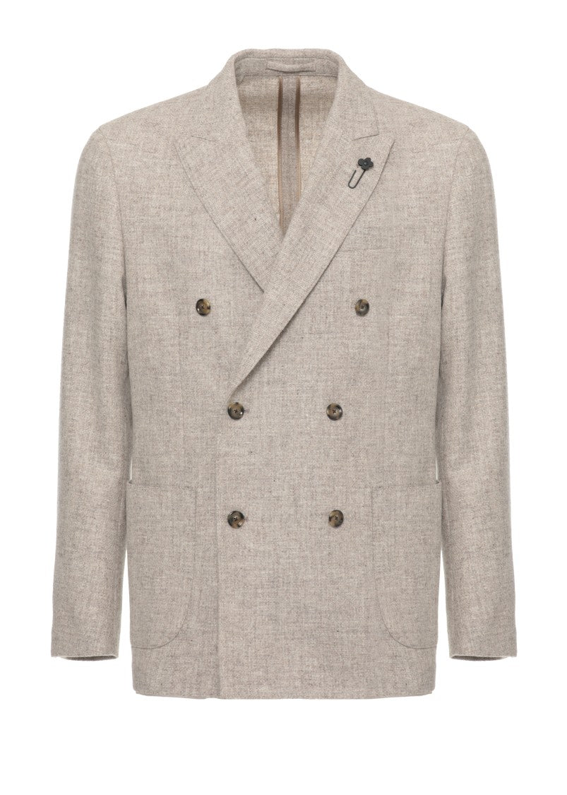 Lardini Beige Wool Double-Breasted Blazer With Iconic Peak Lapel Pin