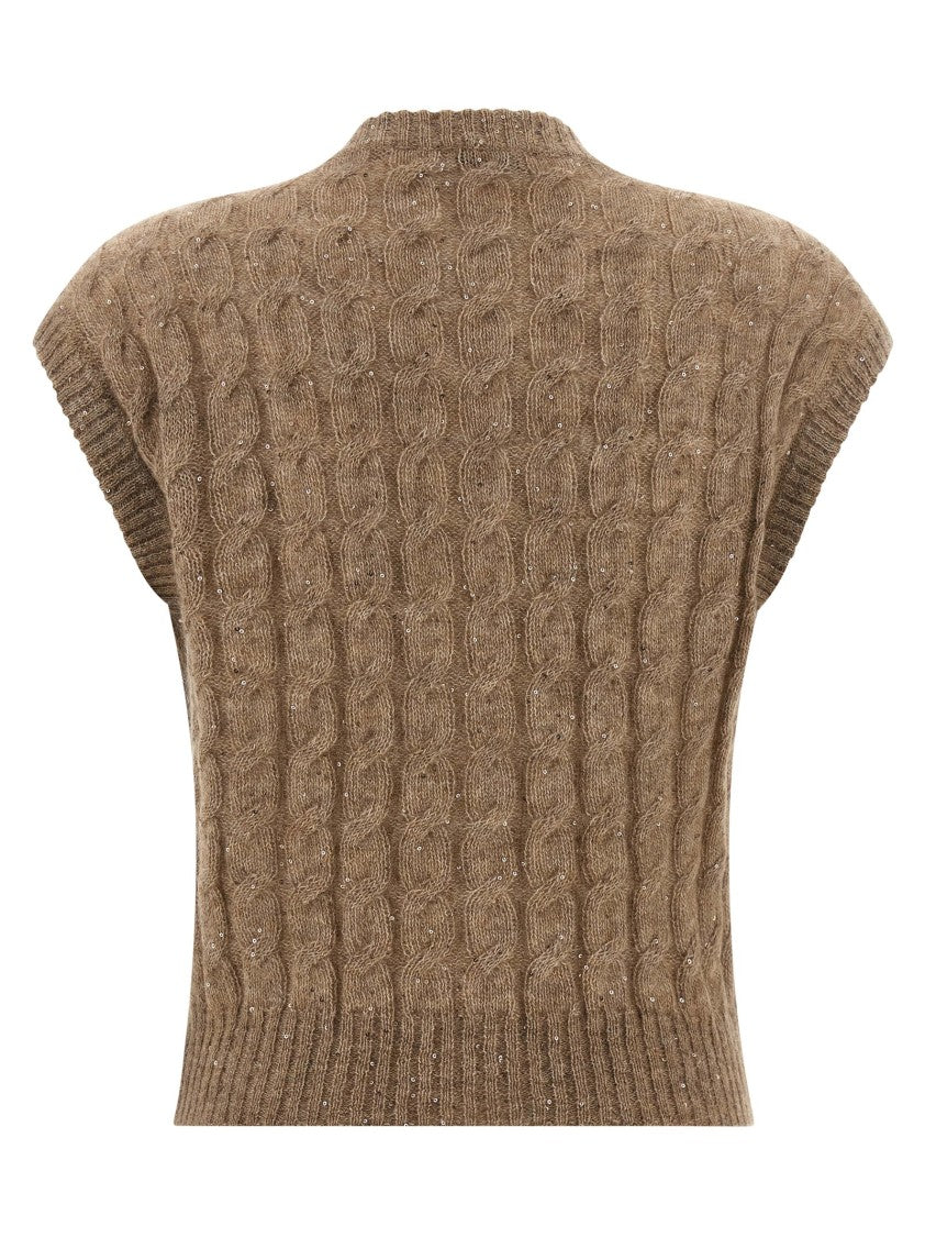 Brunello Cucinelli Cable Knit Vest With Micro Sequin Braids And Ribbed Finish