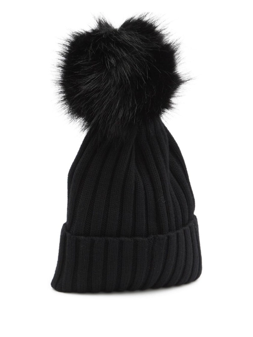 Moncler Black Merino Wool Rib Knit Pom Pom Beanie