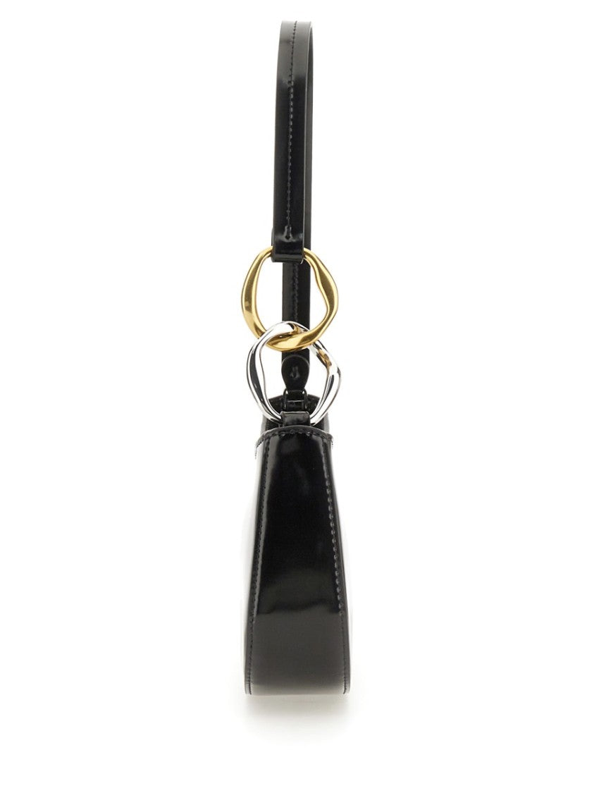 Staud Curved Black Shoulder Bag With Glossy Finish And Chain Accents