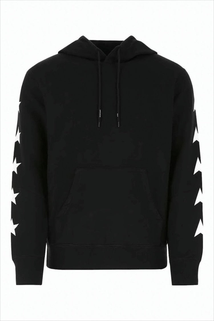 Golden Goose Cropped Black Hoodie With Star Graphics And Kangaroo Pocket