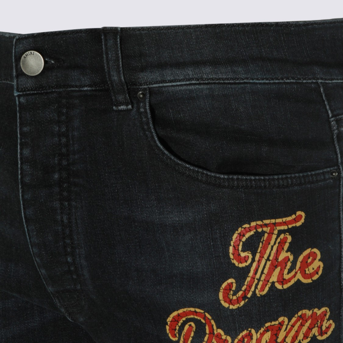 Amiri Dark Wash Slim-Fit Jeans With Distressed Knees And Embroidered Details