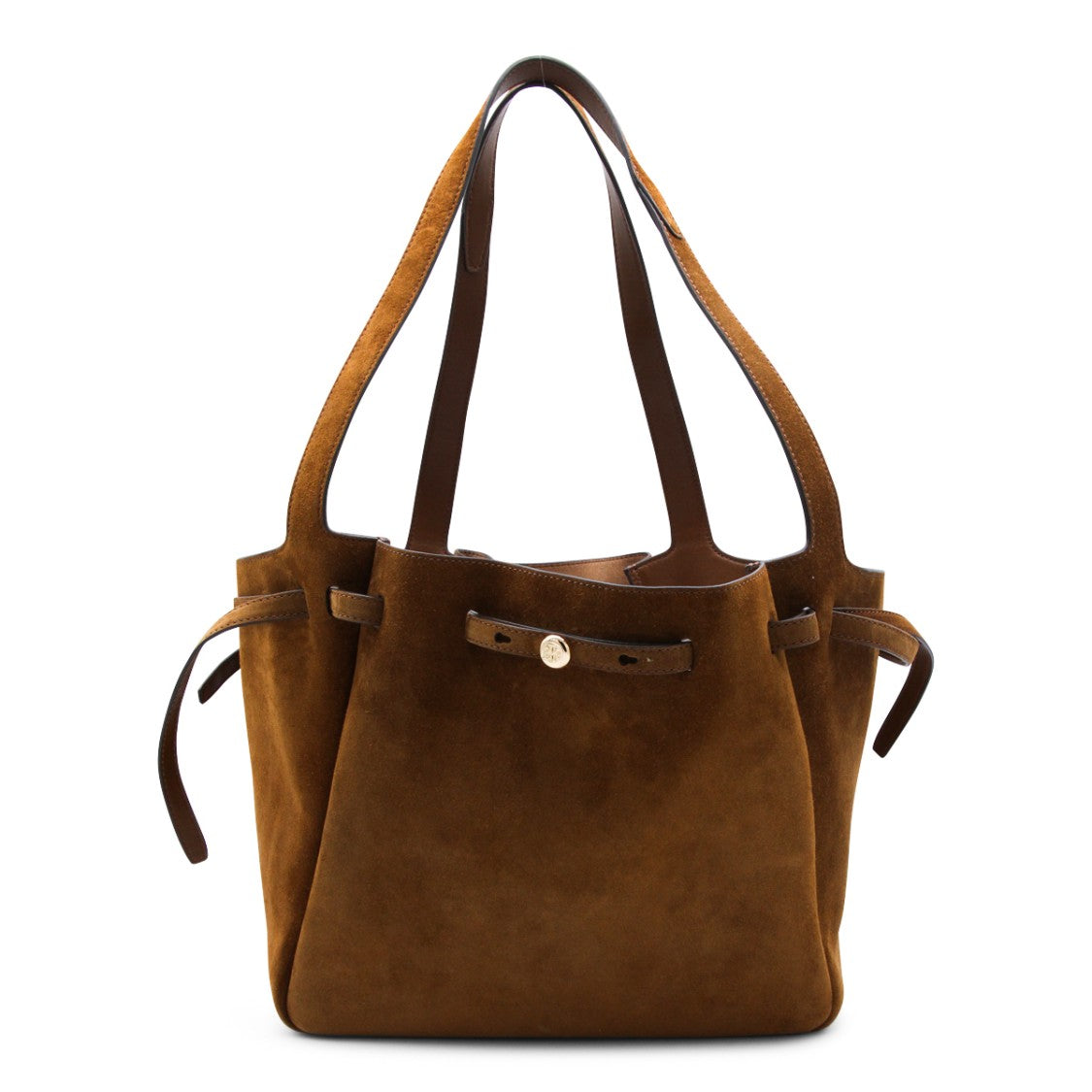 Tory Burch Soft Suede Brown Tote With Adjustable Side Ties And Gold Accents