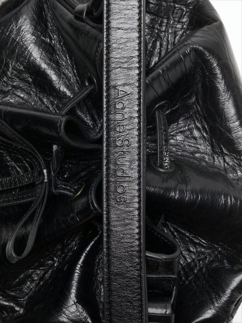 Acne Studios Glossy Black Calf Leather Shoulder Bag With Ruched Detail