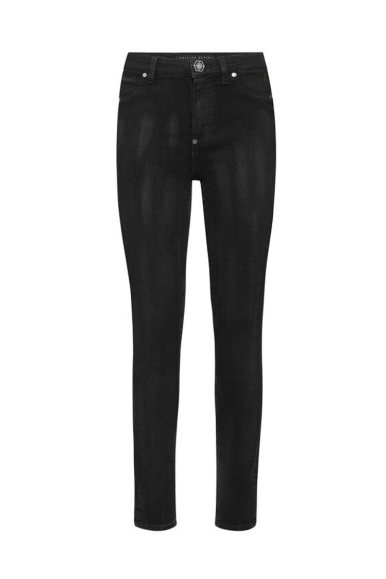 Philipp Plein Black Coated Waxed Hexagon Patch Cotton-Blend Skinny Jeans