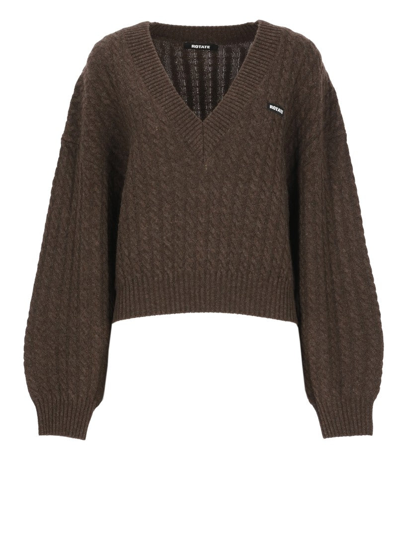Rotate Cropped V-Neck Sweater With Textured Braid Pattern
