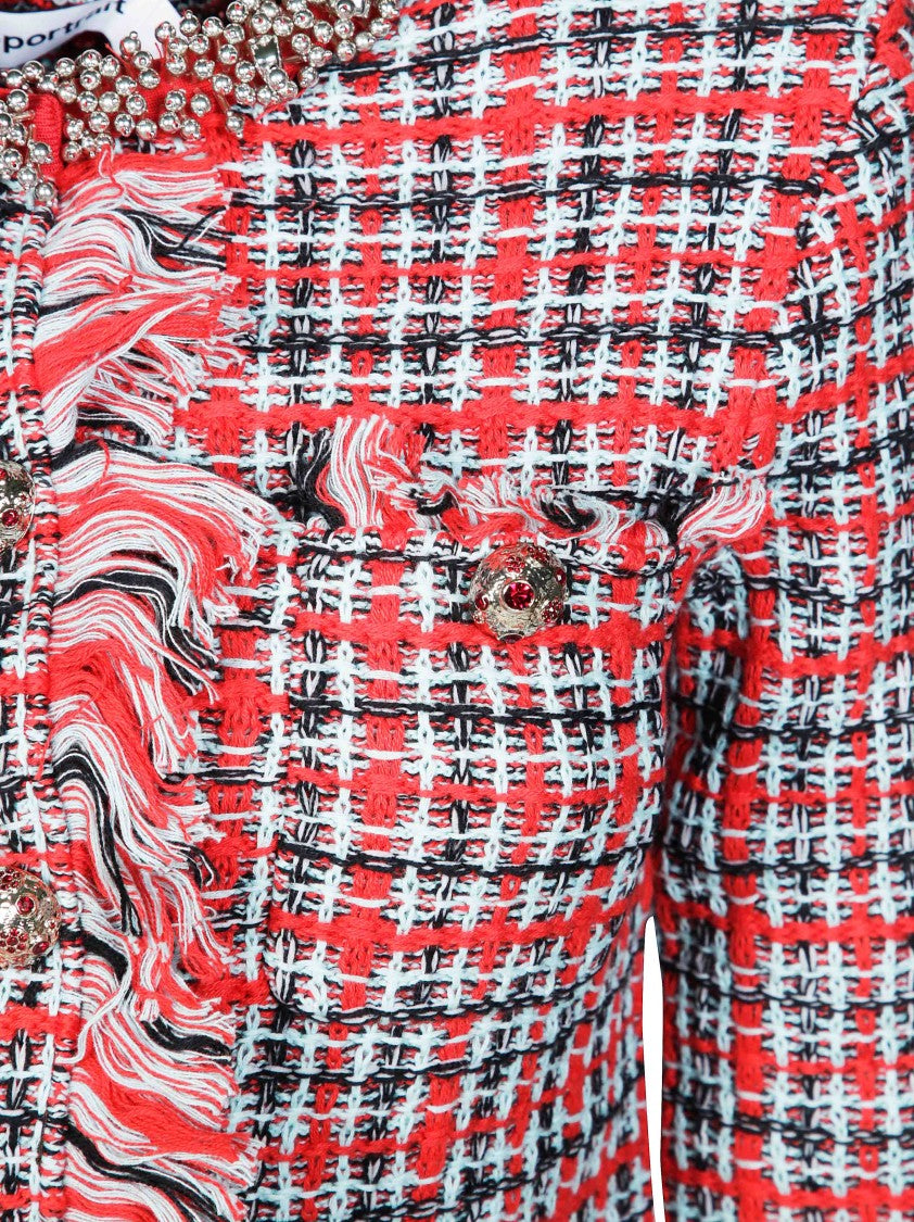 Self-Portrait Red Check Frayed Edge Cropped Jacket