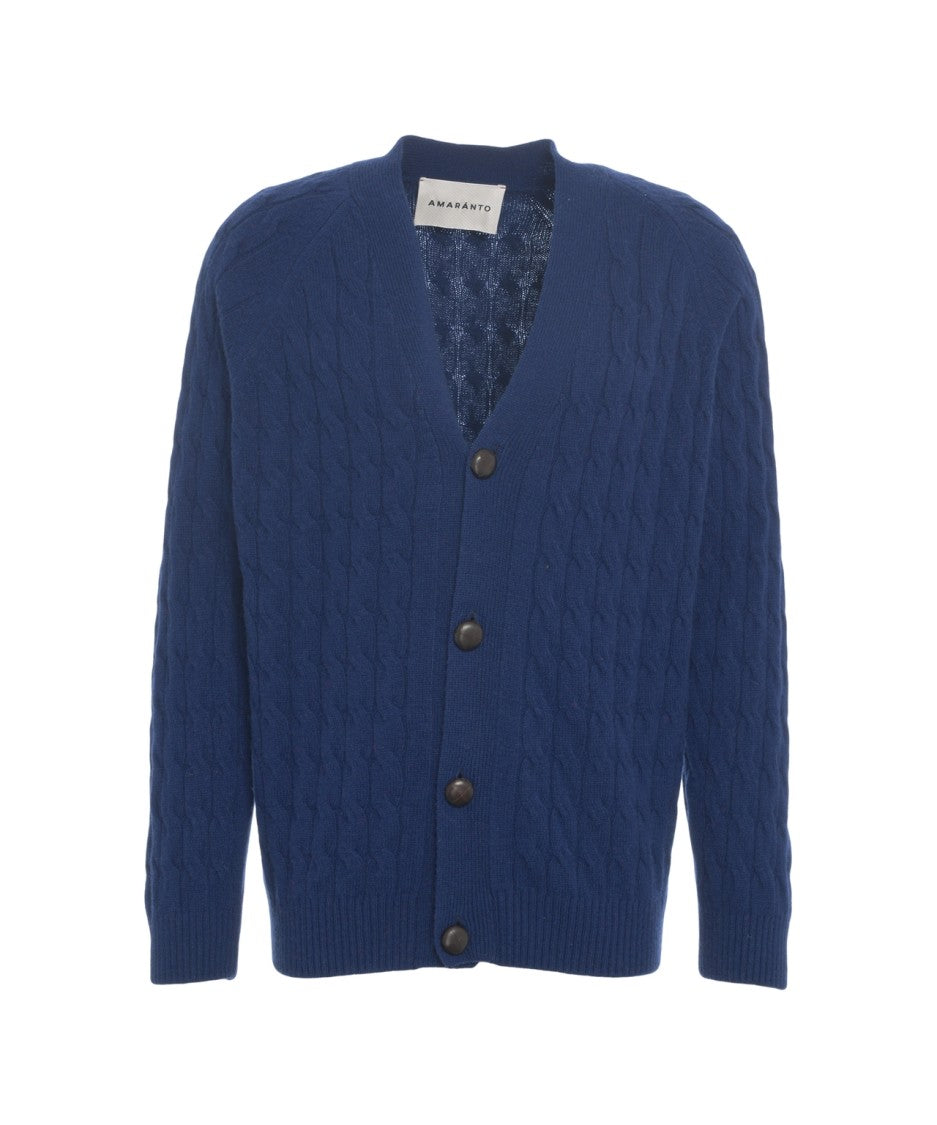 Amaranto Classic Blue Cable Knit Cardigan With V-Neck And Button Closure