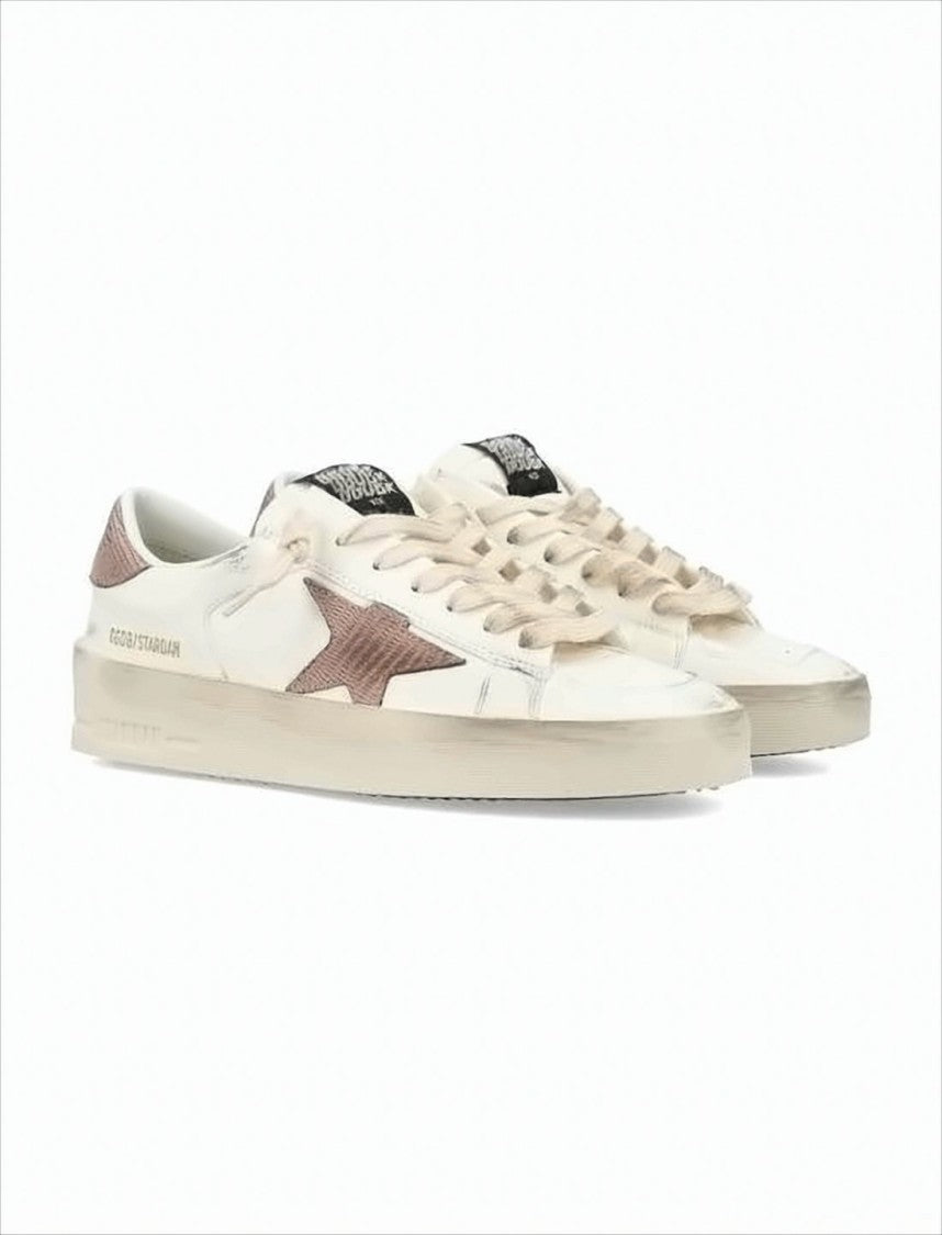 Golden Goose Distressed White Leather Low-Top Sneakers With Textured Star
