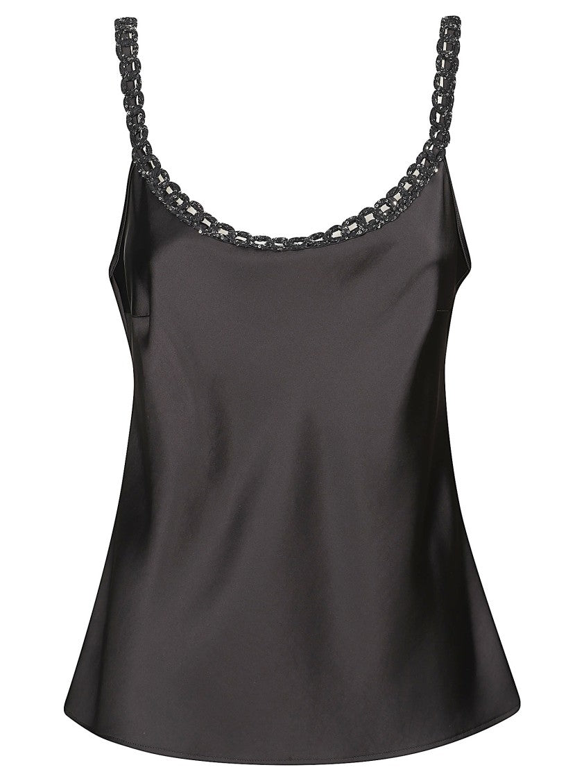 D. Exterior Satin Top With Chain-Link Straps And Flared Silhouette
