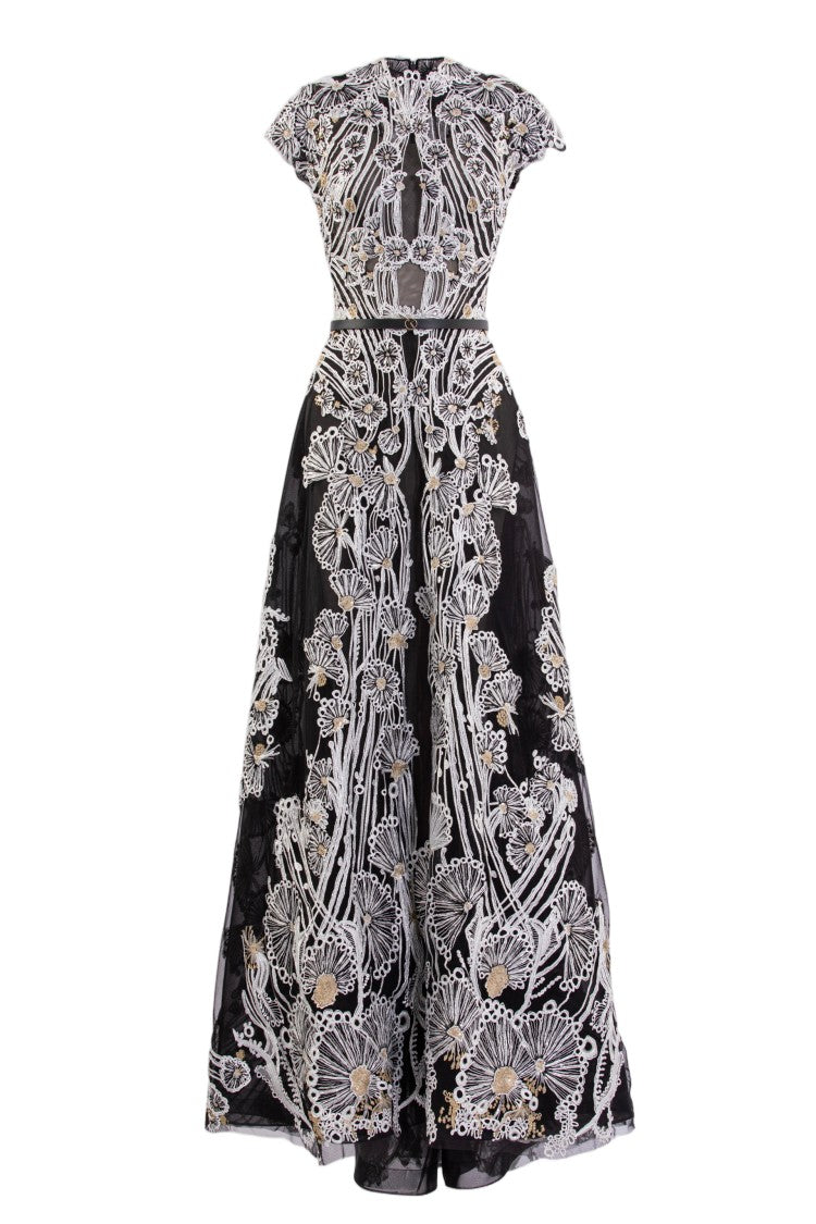 Saiid Kobeisy Jet-Black Fully Embellished Embroidered Tulle A-Line Dress