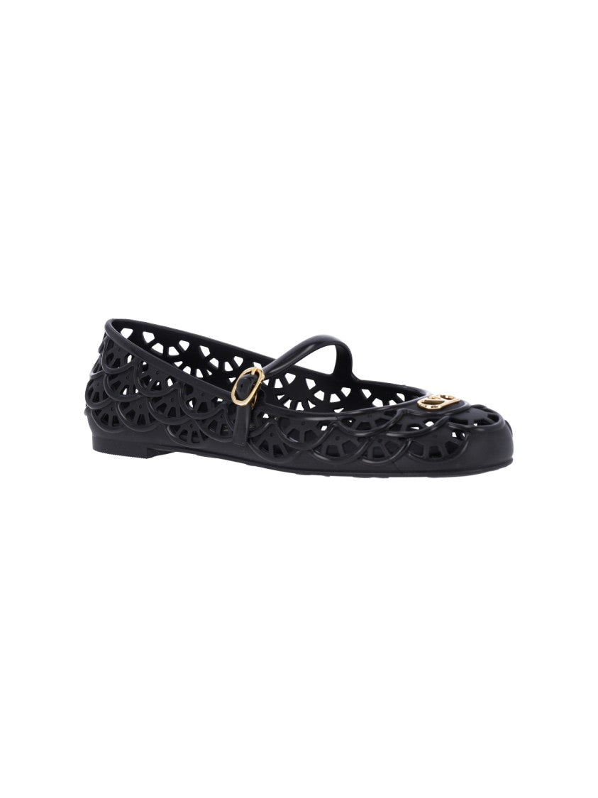 Valentino Garavani Black Ondette Rubber Scallops Flats