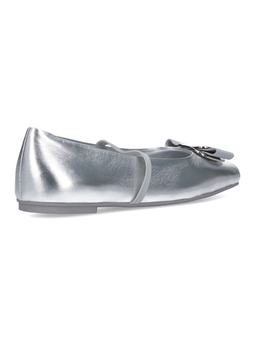Ferragamo Rounded Toe Metallic Silver Flat Shoes