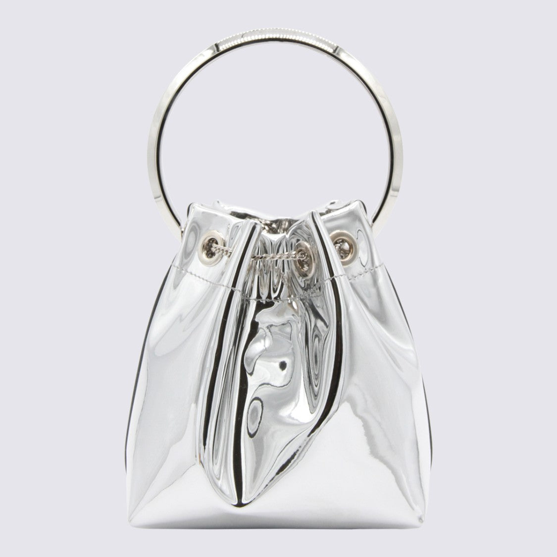 Jimmy Choo Sculptural Metallic Bucket Bag With Circular Handle And Detachable Chain Strap